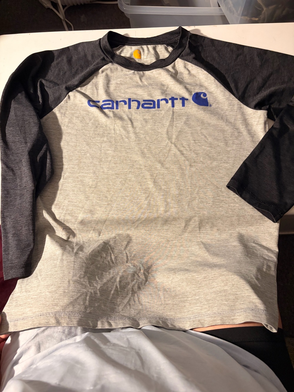 Carhartt Gray Body Black Sleeve Raglan Tee with Blue Logo